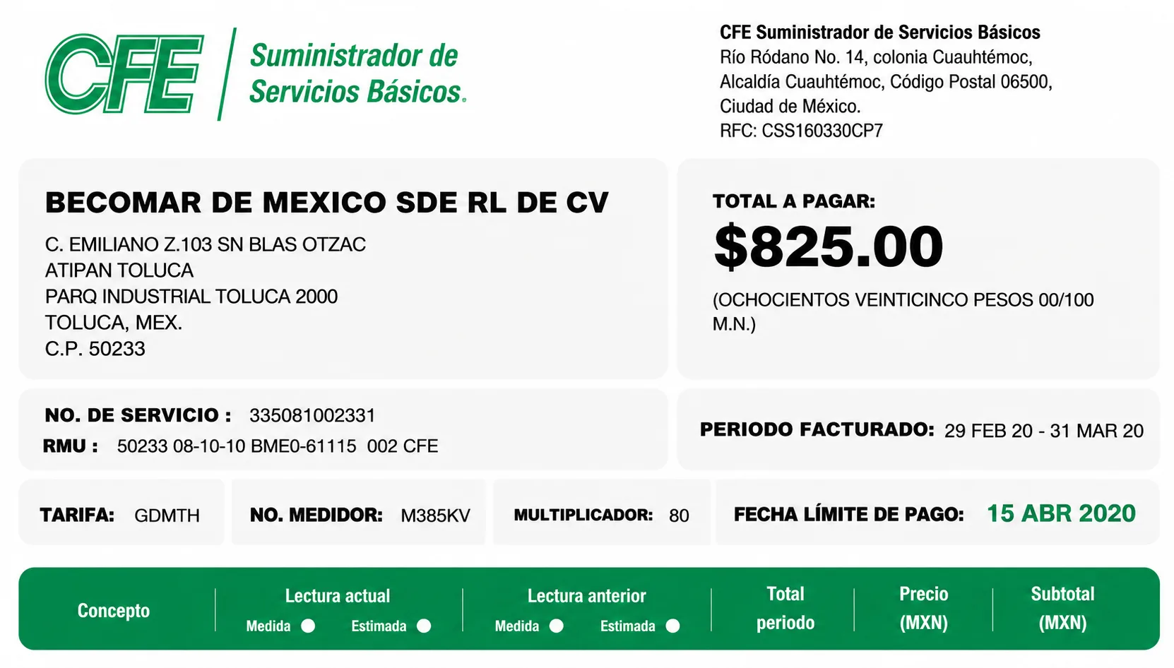 Recibo CFE después — Comercial Tepotzotlán